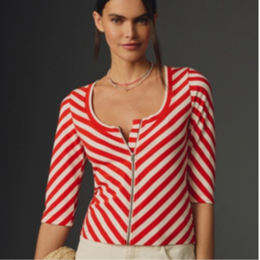 Maeve Orange and White Diagonal Stripe Zip Top